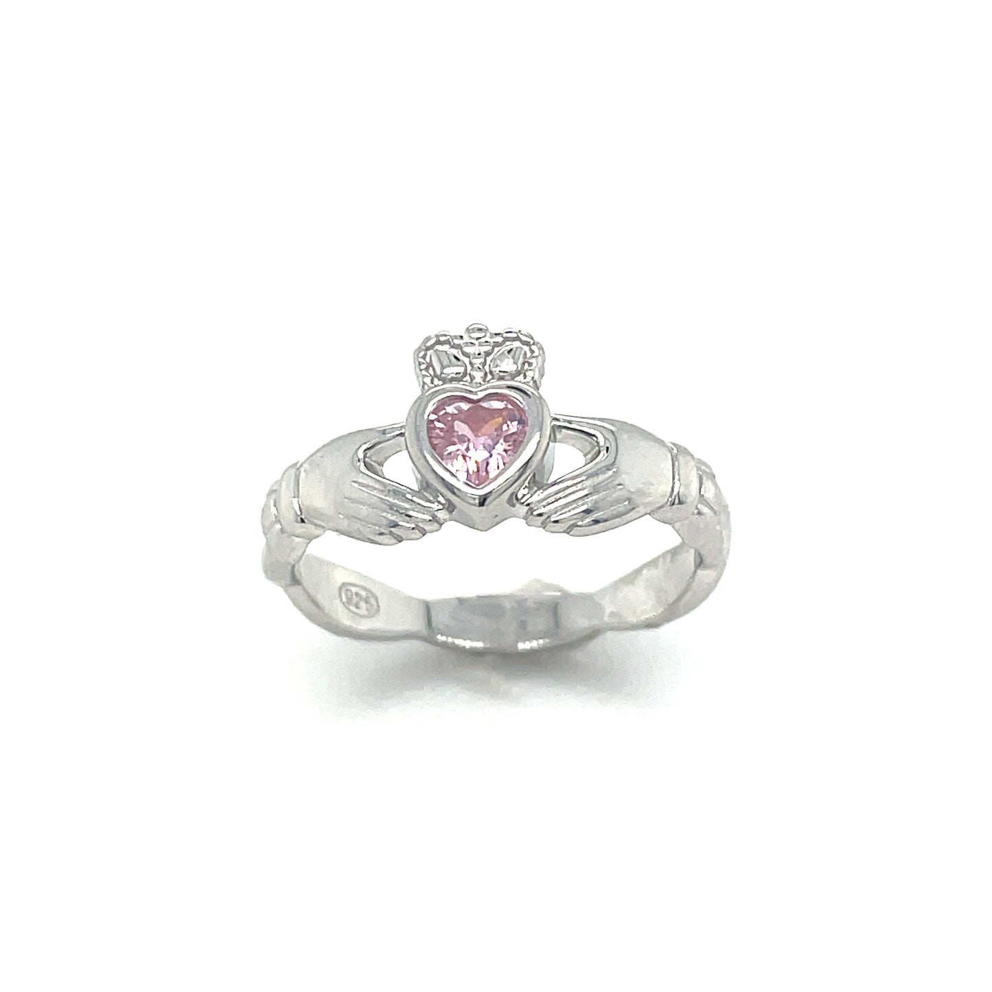 Sterling Silver Rubover Pink October Claddagh Ring