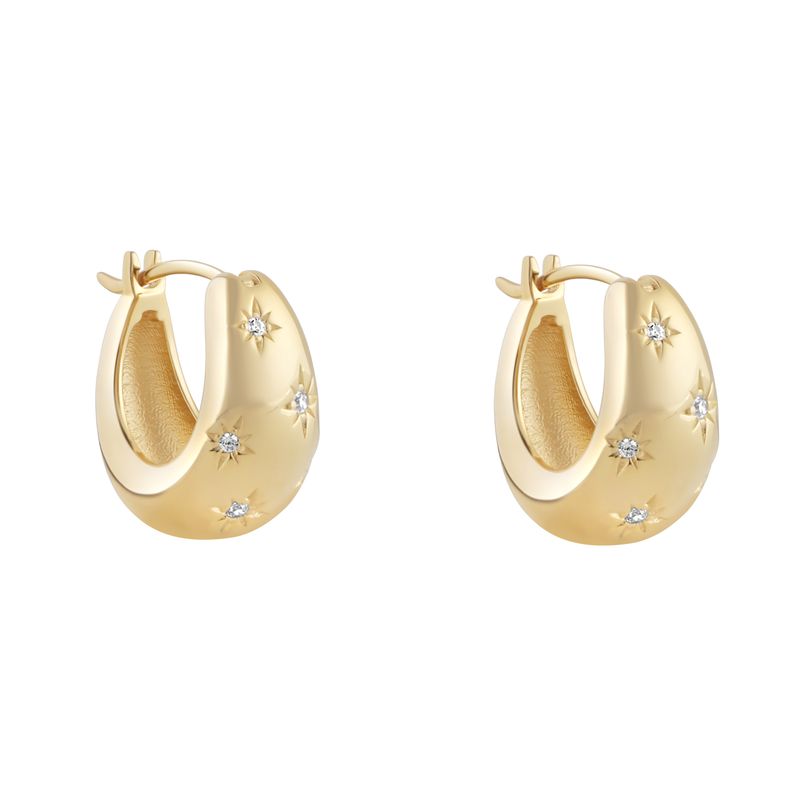 Sterling Silver Gold Plated Chunky Hoop Earring With Scattered Cubic Zirconia Stars