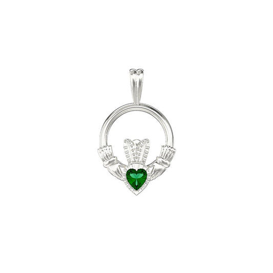 Sterling Silver Open Claddagh Pendant With Green Cubic Zirconia