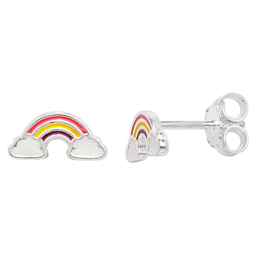 Sterling Silver Enamel Kids Cloud And Rainbow Stud Earrings