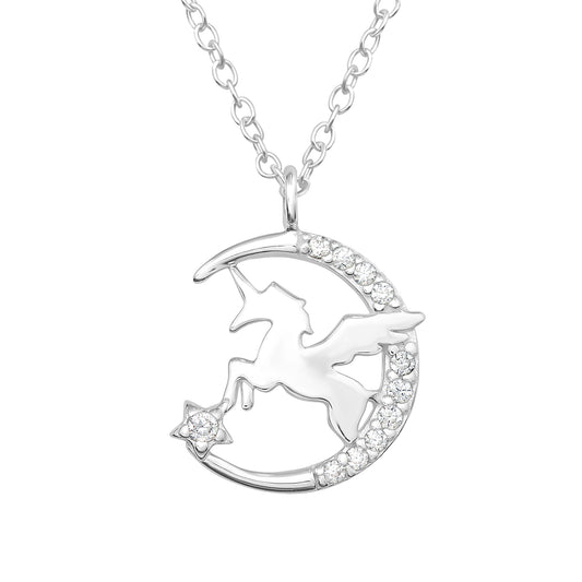Sterling Silver CZ Unicorn in Moon Pendant