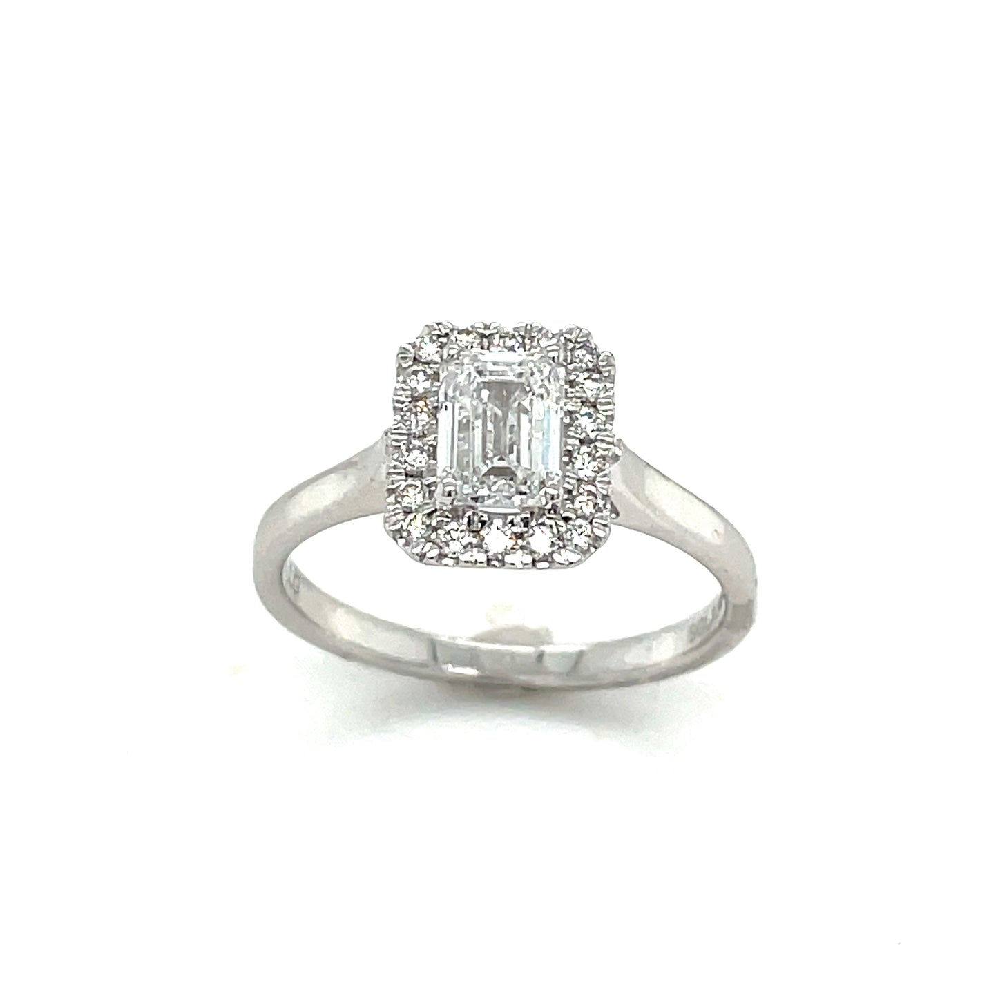9ct White Emerald Cut Halo Solitaire Cultured Diamond Ring 1.00ct