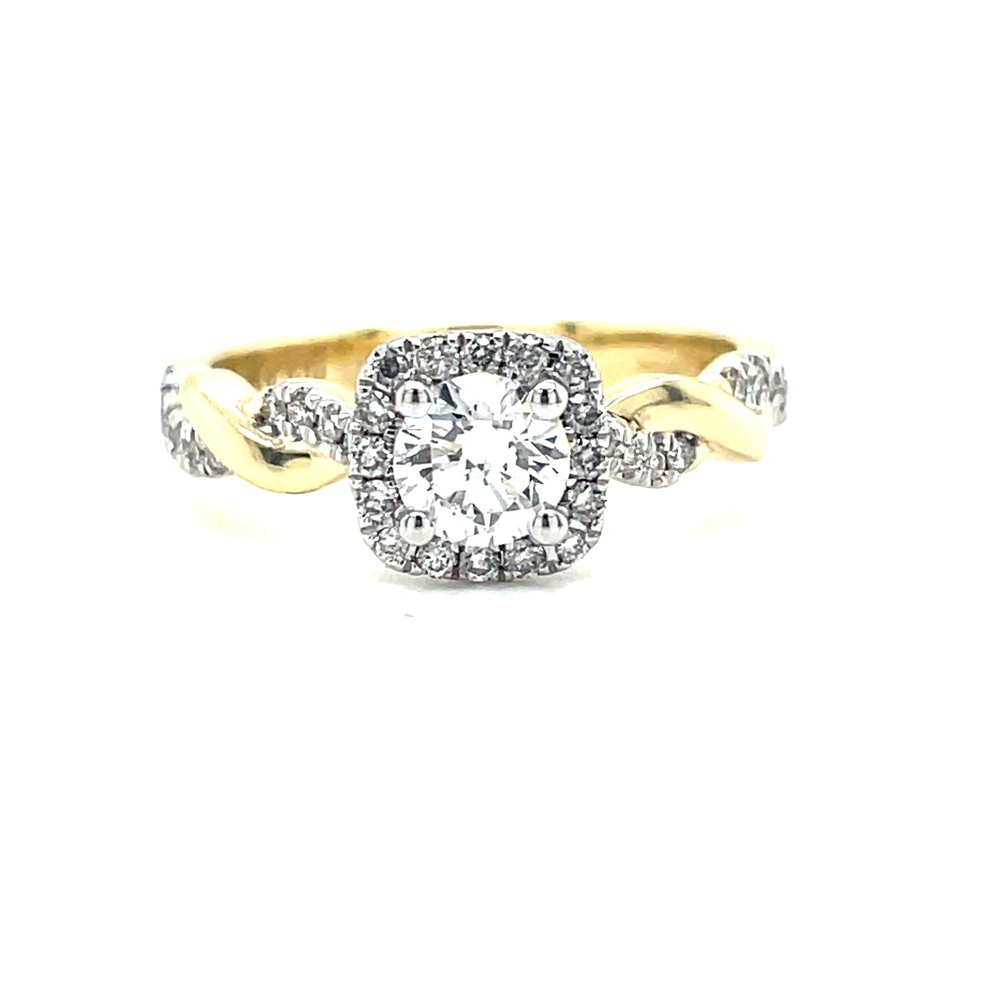 9ct Cushion Halo Diamond Cultured Ring With Twisted Cultured Diamond Shoulders .75ct