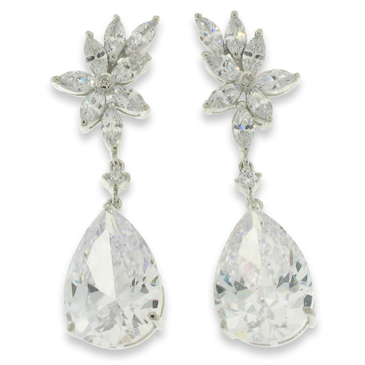 Sterling Silver Flower Drop Pear CZ Earrings