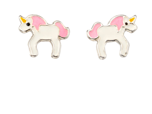 Sterling Silver Kids Enamel Unicorn Stud Earrings