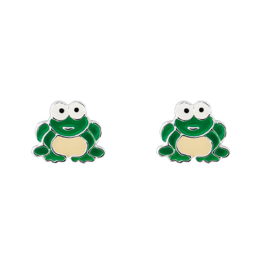 Sterling SIlver Kids Green Enamel Frog Stud Earrings