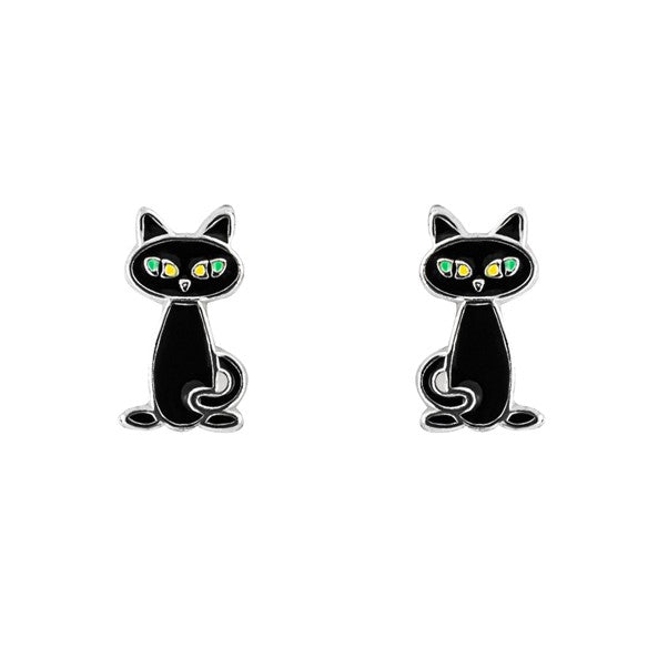 Sterling Silver Kids Enamel Black Cat Stud Earrings