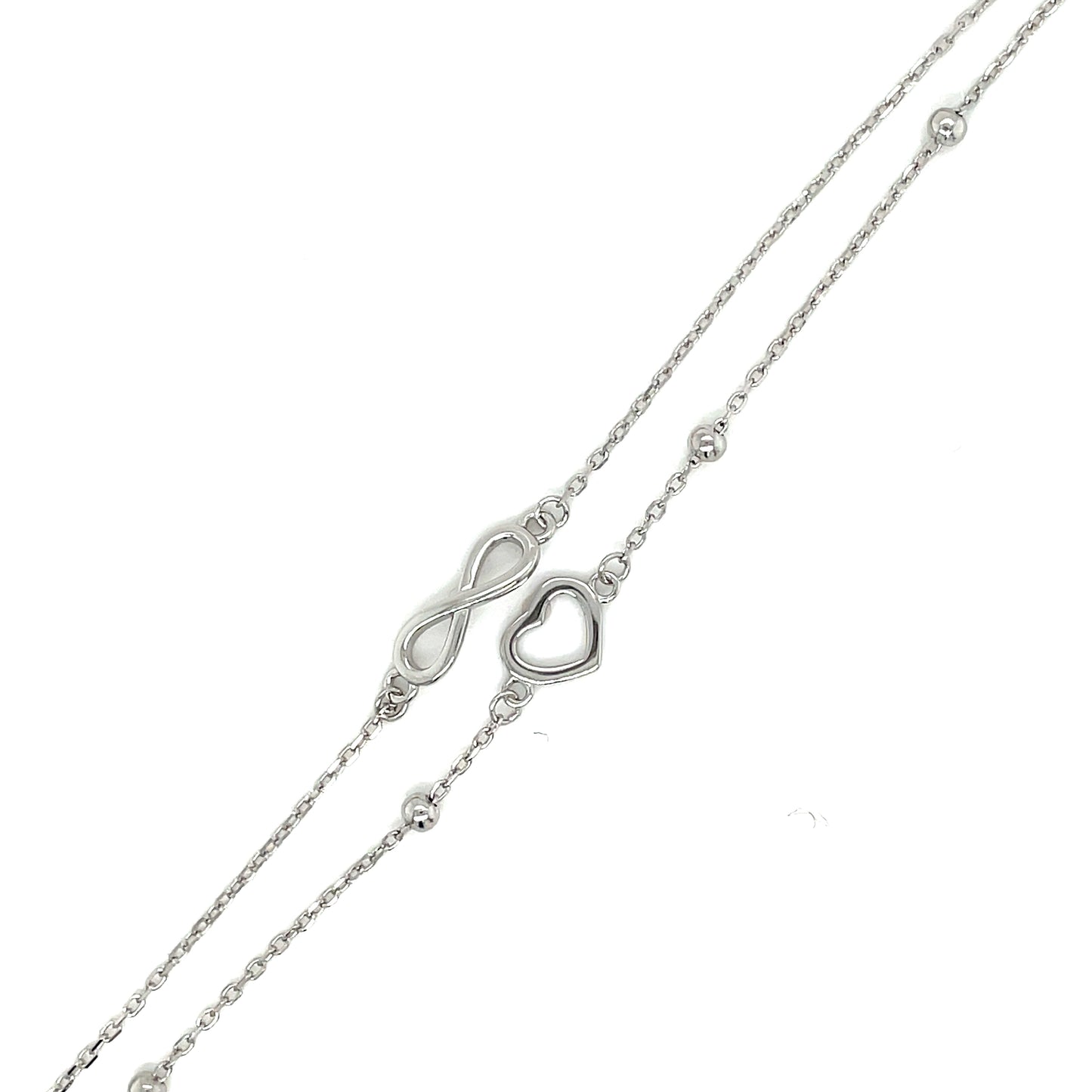 Sterling Silver Polished Infinity and Heart Double Row Beaded Bracelet