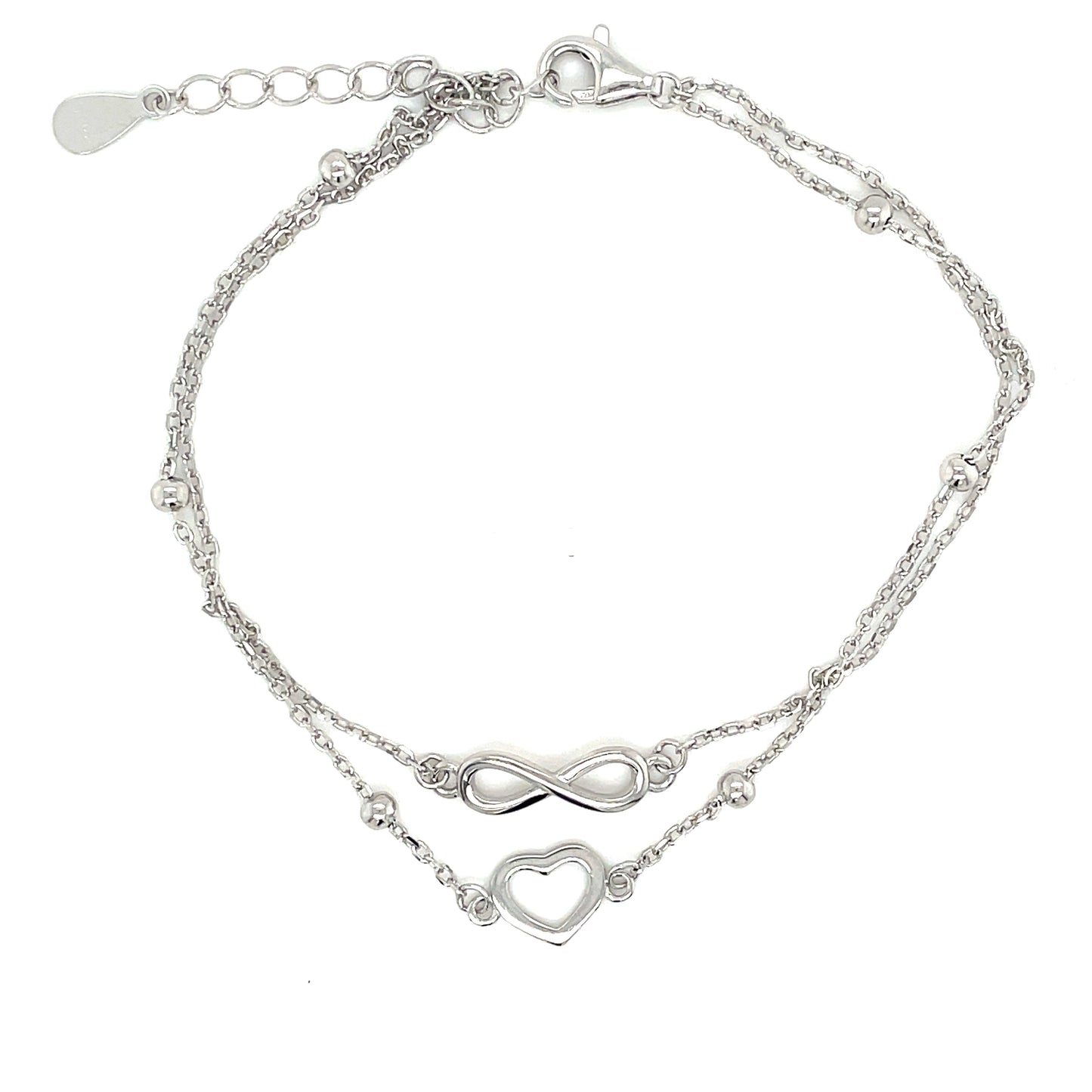 Sterling Silver Polished Infinity and Heart Double Row Beaded Bracelet