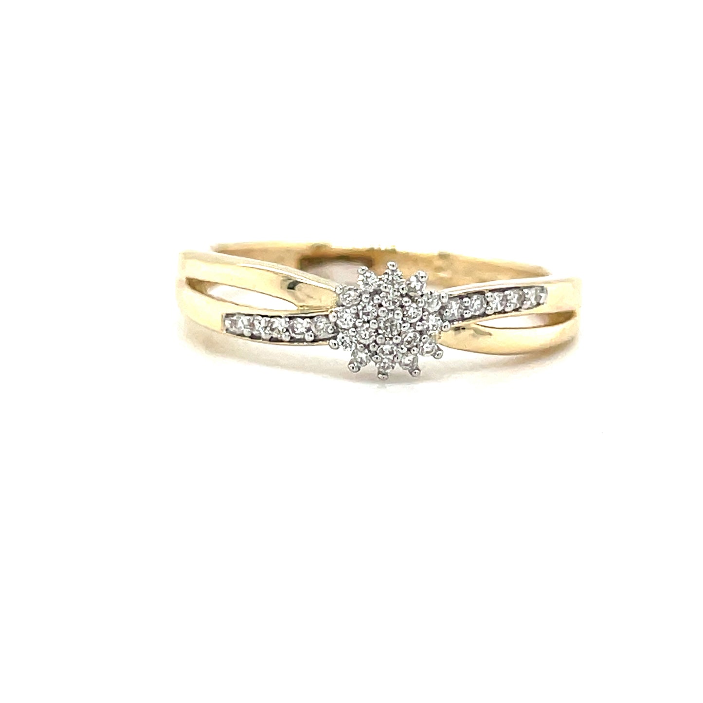 9ct Yellow Gold Crossover Flower Cluster Diamond Ring .08ct