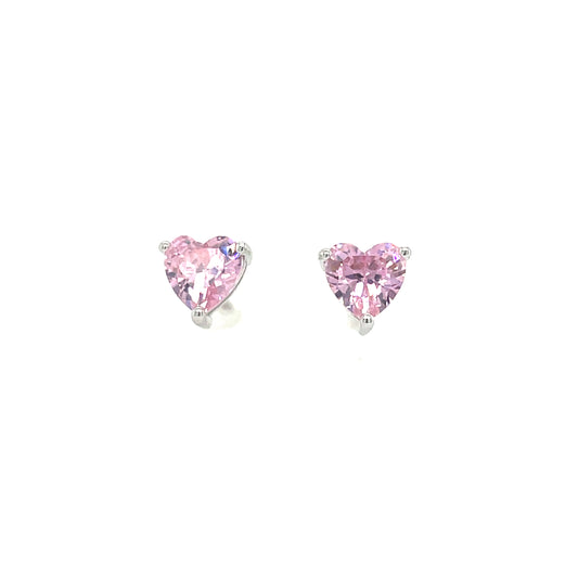 Sterling Silver Pink Cubic Zirconia Heart Stud Earrings