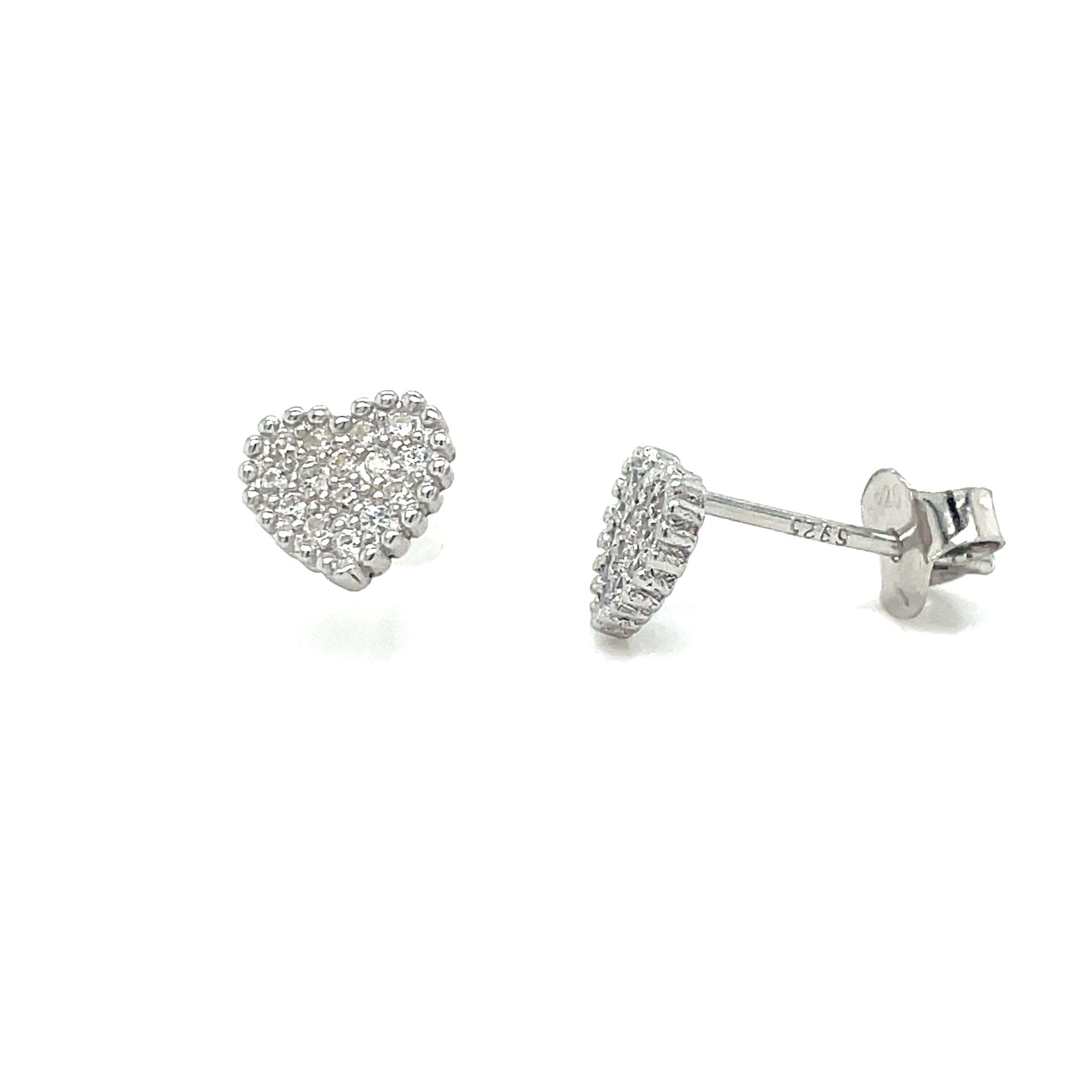 Sterling Silver Pave Heart Stud Earring with Milgrain Edge