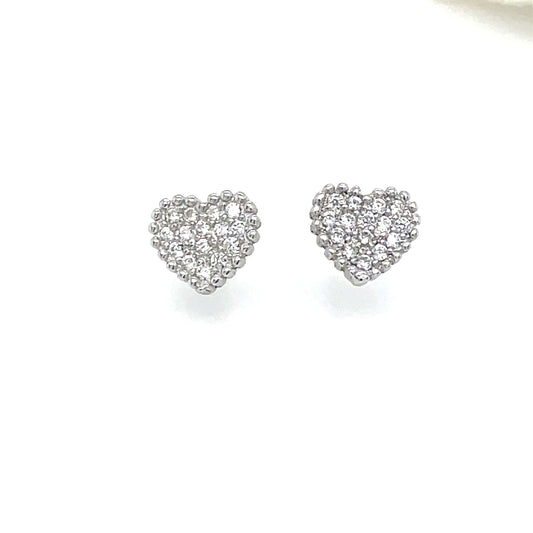 Sterling Silver Pave Heart Stud Earring with Milgrain Edge