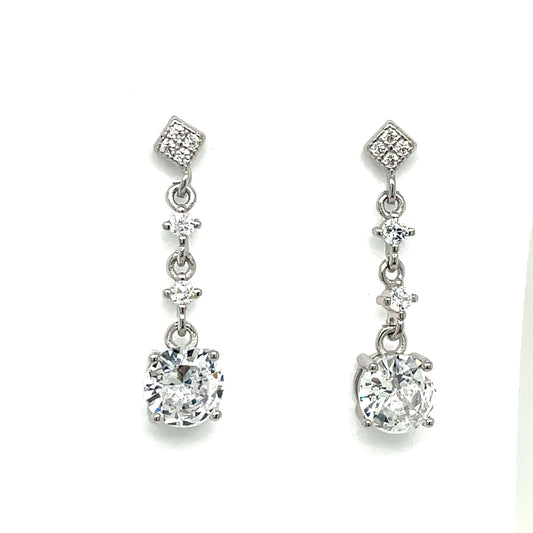 Sterling Silver Cubic Zirconia Graduated 3 Stone Drop Earrtings