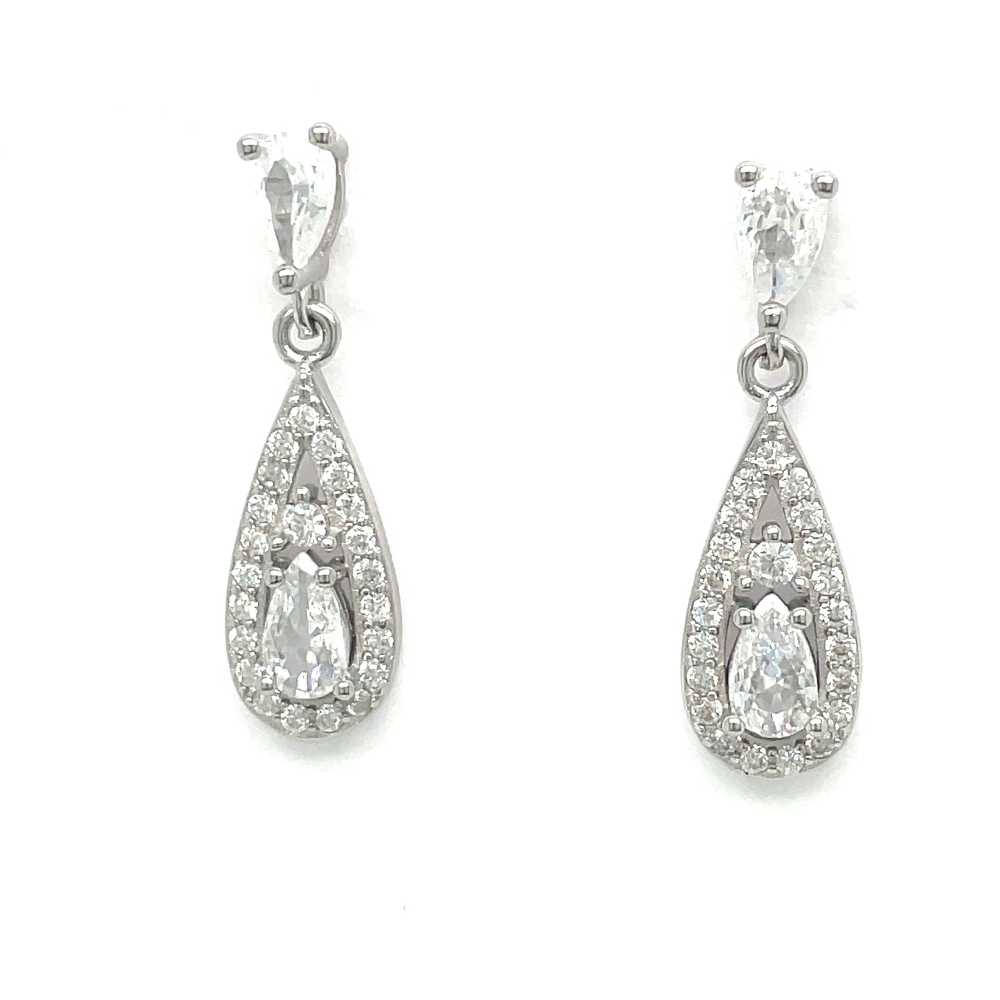 Sterling Silver Cubic Zirconia Pear Halo Drop Earrings