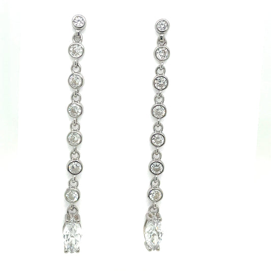 Sterling Silver Cubic Zirconia Long Drop Rubover Brilliant and Marquis Earrings