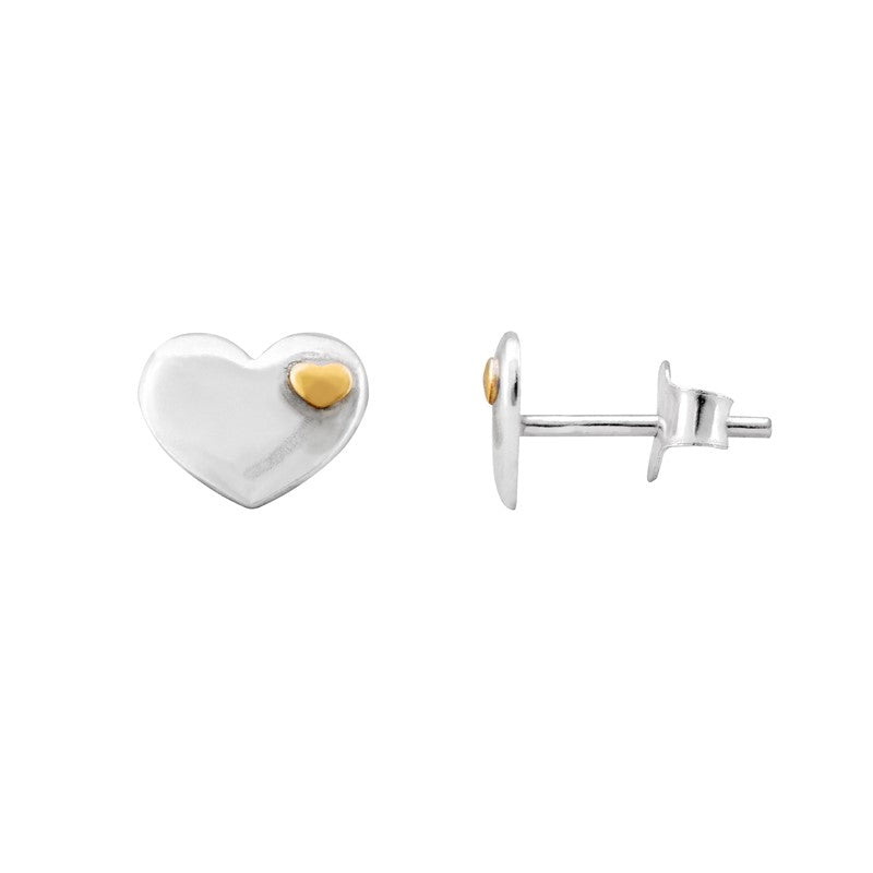 Sterling Silver and Gold Plated Polished Heart Stud Earrings