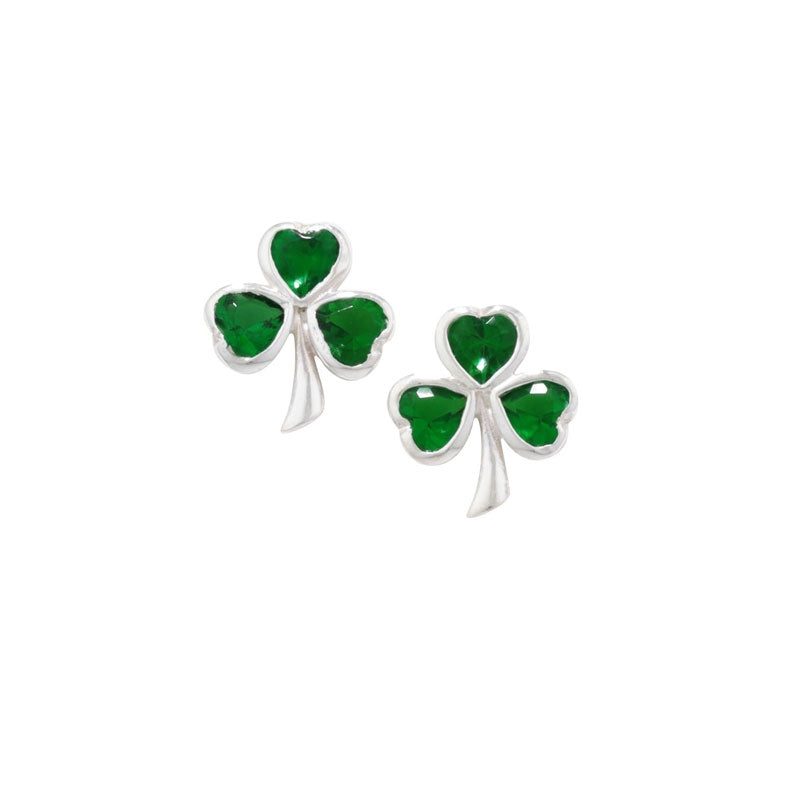 Sterling Silver Green Cubic Zirconia Shamrock Stud Earrings