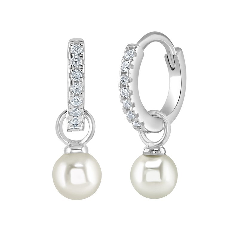 Sterling Silver Cubic Zirconia and Pearl Hinge Hoop Drop Earrings