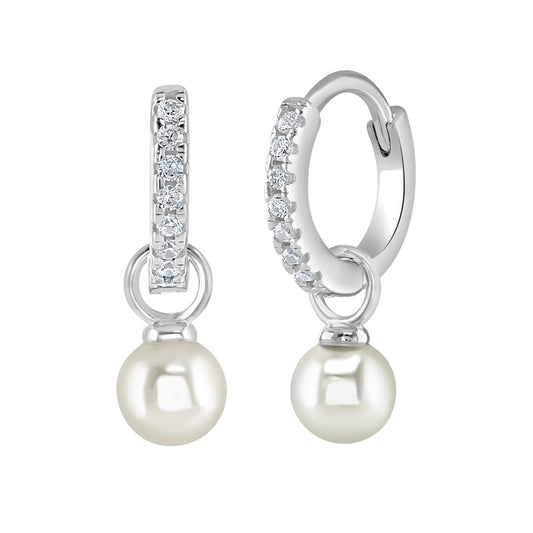 Sterling Silver Cubic Zirconia and Pearl Hinge Hoop Drop Earrings