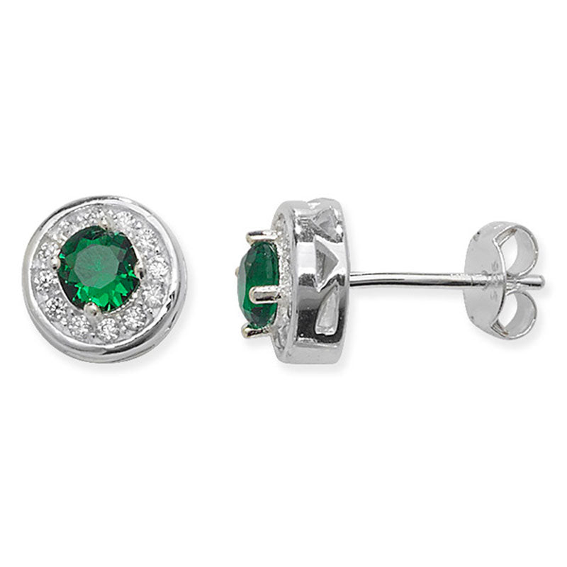 Sterling Silver Green Cubic Zirconia Halo Stud Earrings