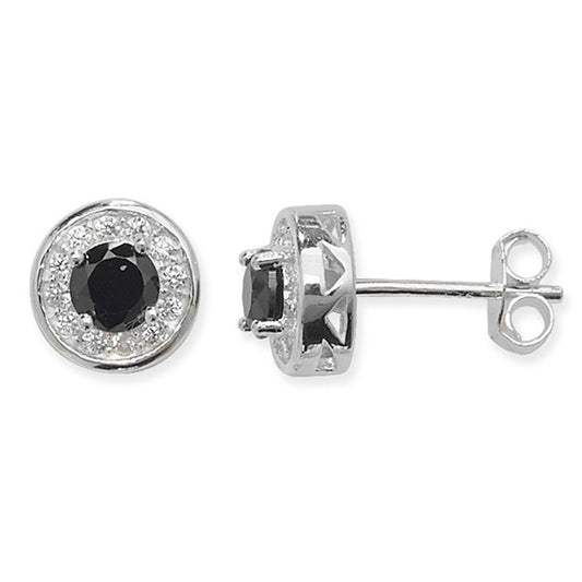 Sterling Silver Black Cubic Zirconia Halo Stud Earrings