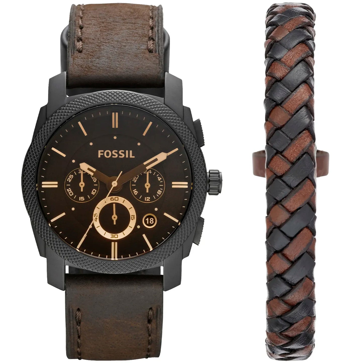 Gents Fossil Machine Chrono Black Dial Watch with Leather Bracelet Set