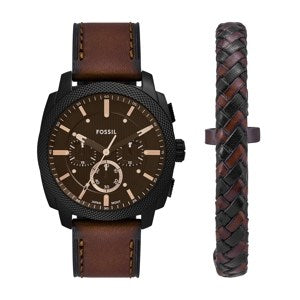 Gents Fossil Machine Chrono Black Dial Watch with Leather Bracelet Set