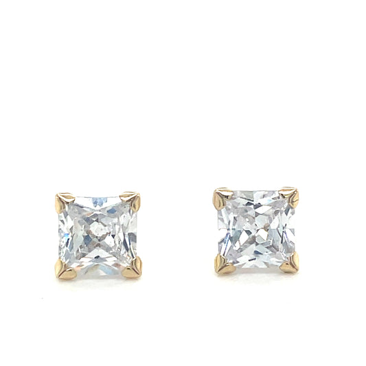 9ct Yellow Gold Four Claw Square 6mm CZ Stud Earrings