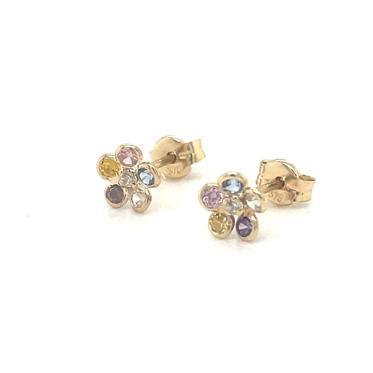 9ct Yellow Gold Multicolour CZ Flower Stud Earrings