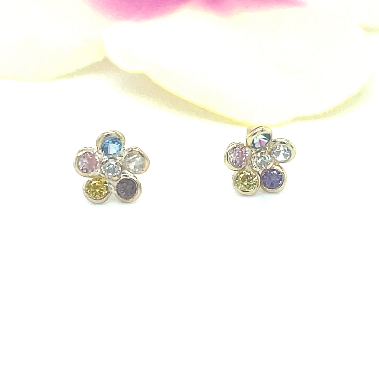 9ct Yellow Gold Multicolour CZ Flower Stud Earrings