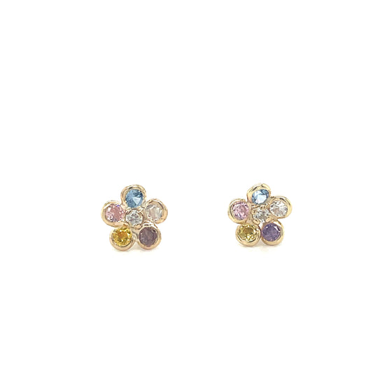 9ct Yellow Gold Multicolour CZ Flower Stud Earrings