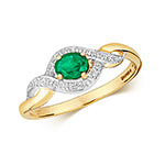 9ct Yellow Gold Emerald Solitaire Ring with Diamond Set Twist Halo