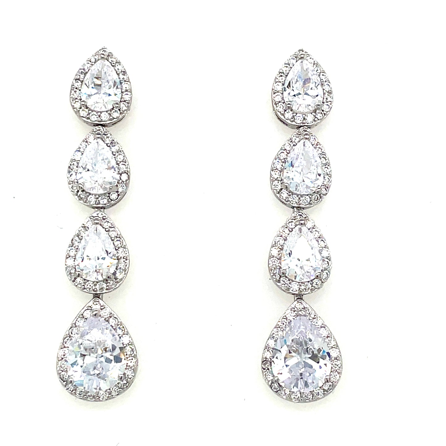 Sterling Silver Long Cubic Zirconia Drop Pear Halo Earrings