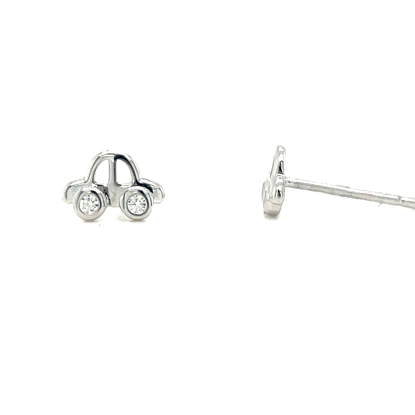 Sterling Silver Kids Polished Car Stud Earring With Cubic Zirconia Wheels