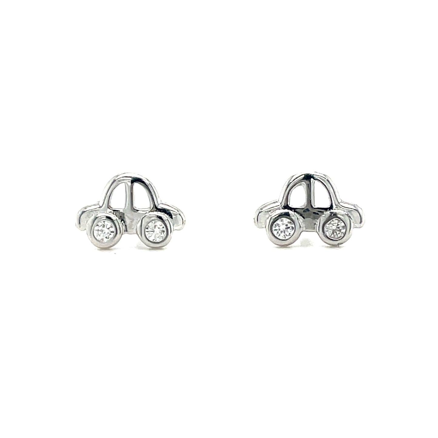 Sterling Silver Kids Polished Car Stud Earring With Cubic Zirconia Wheels