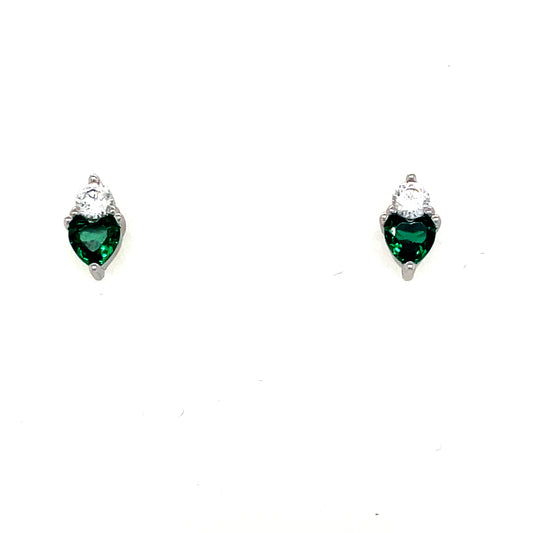 Sterling Silver Green and Cubic Zirconia Round and Heart Stud Earrings