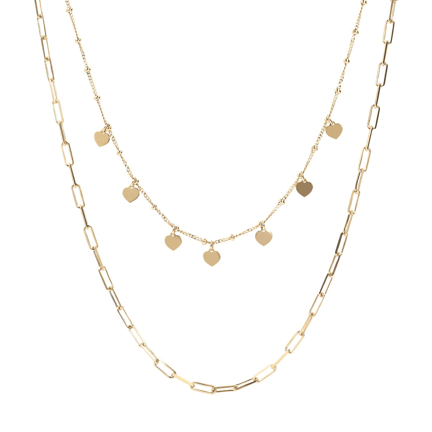 Bronzallure Gold Plated Layered Paperlink and Beaded Heart Necklet