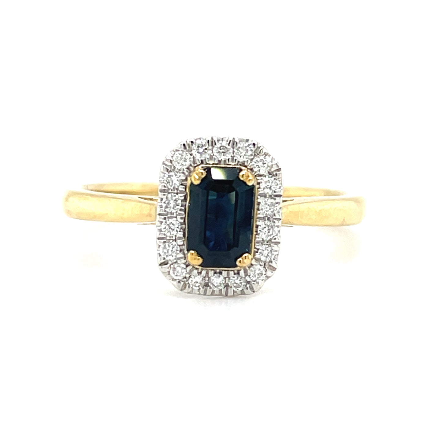 9ct Yellow Gold Emerald Cut Sapphire Ring With Diamond Halo .11ct