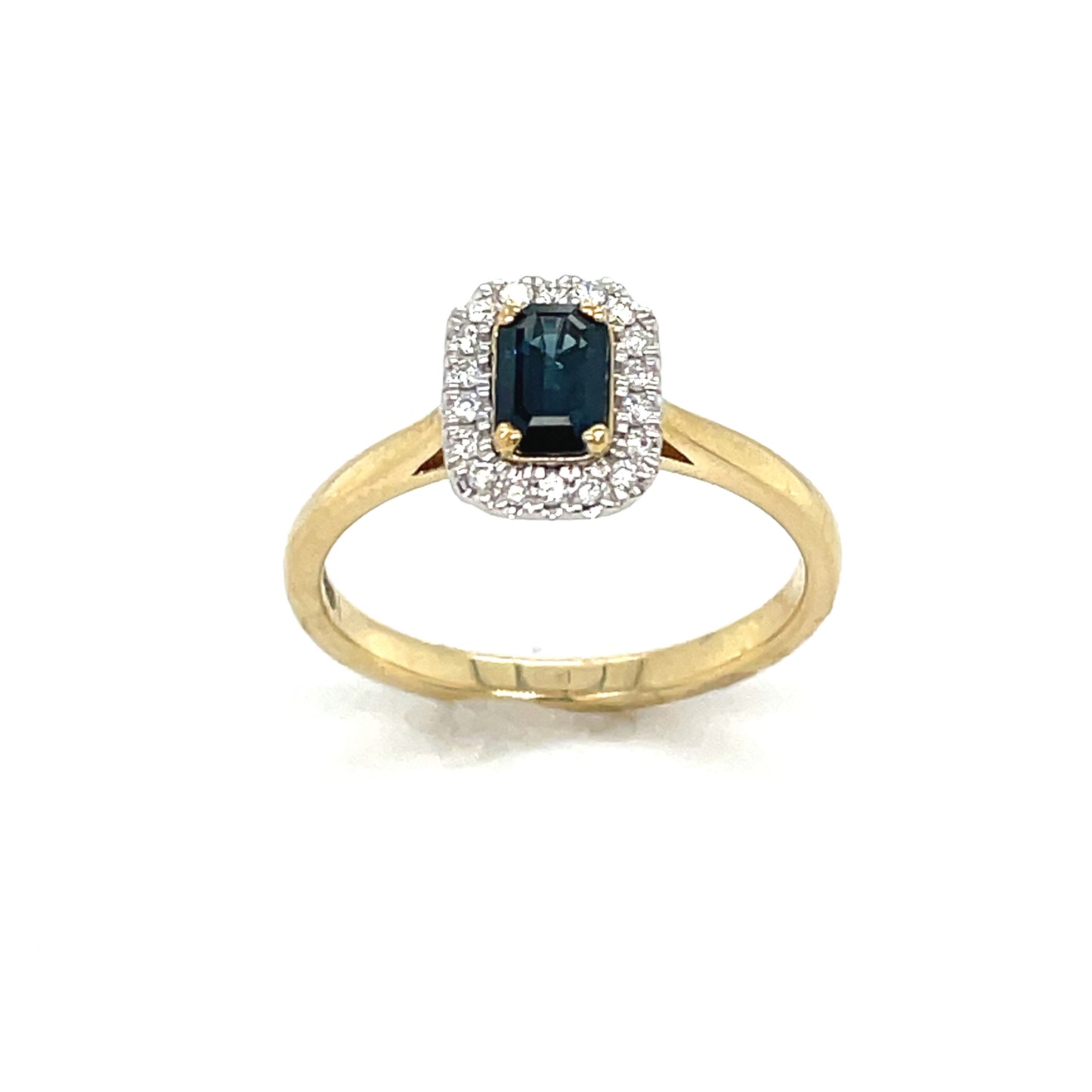 9ct Yellow Gold Emerald Cut Sapphire Ring With Diamond Halo .11ct