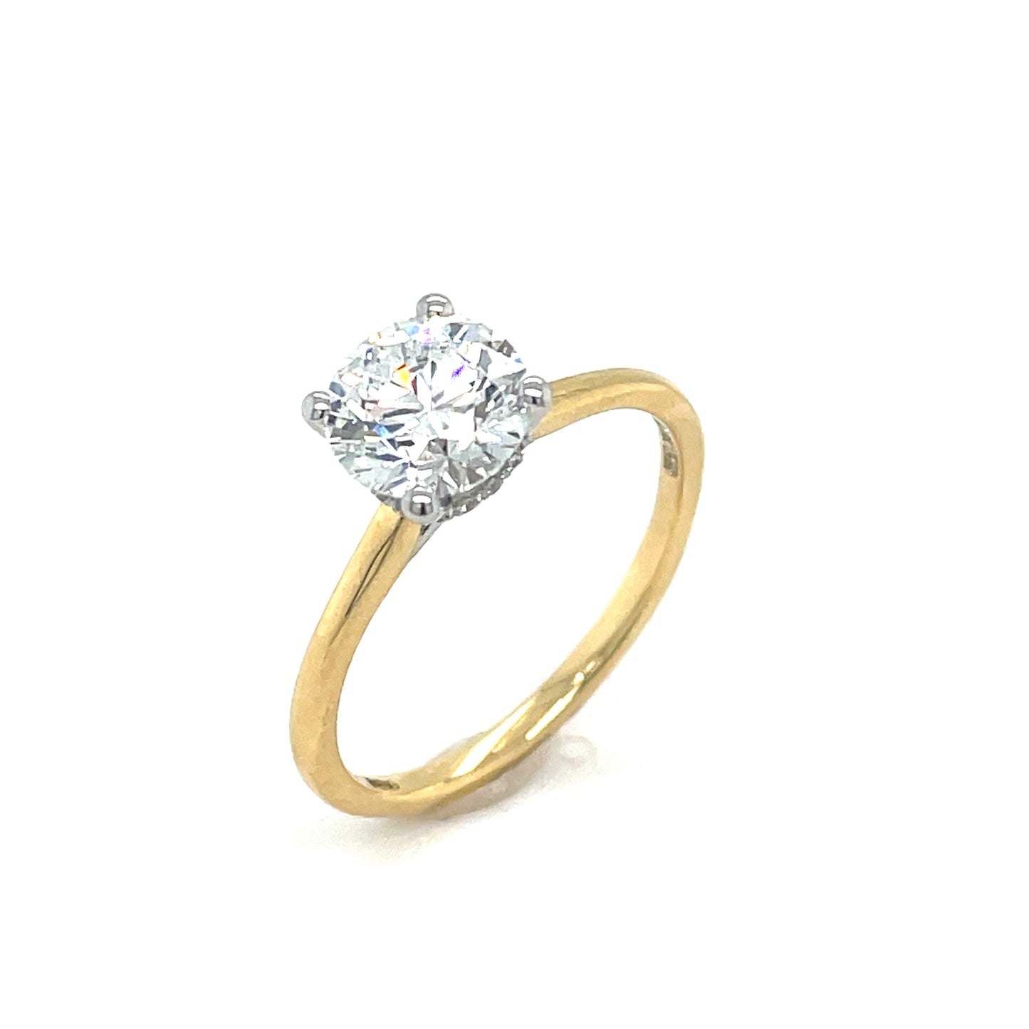 18ct Yellow Gold Round Brilliant Cut Four Claw Cultured Diamond Ring with Hidden Halo 1.64ct