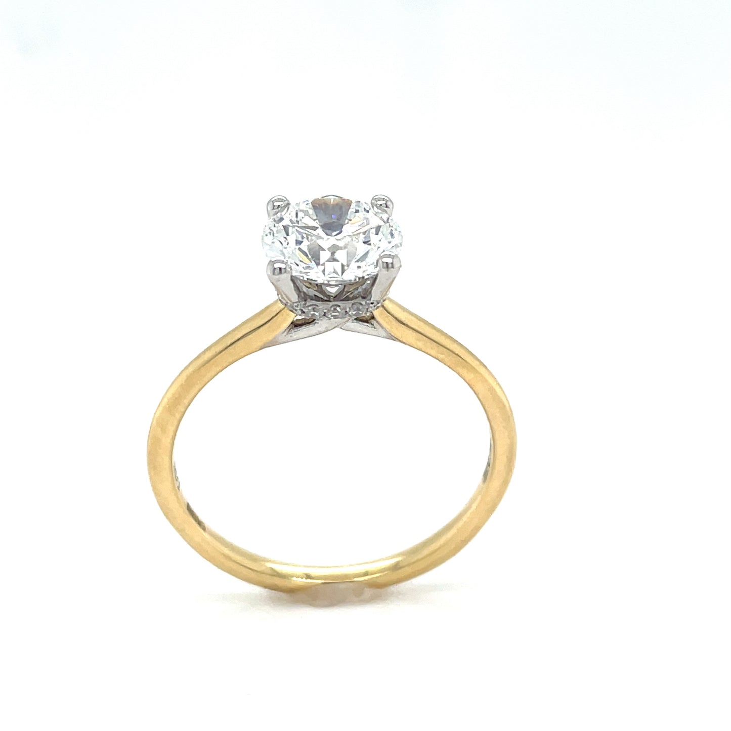18ct Yellow Gold Round Brilliant Cut Four Claw Cultured Diamond Ring with Hidden Halo 1.64ct