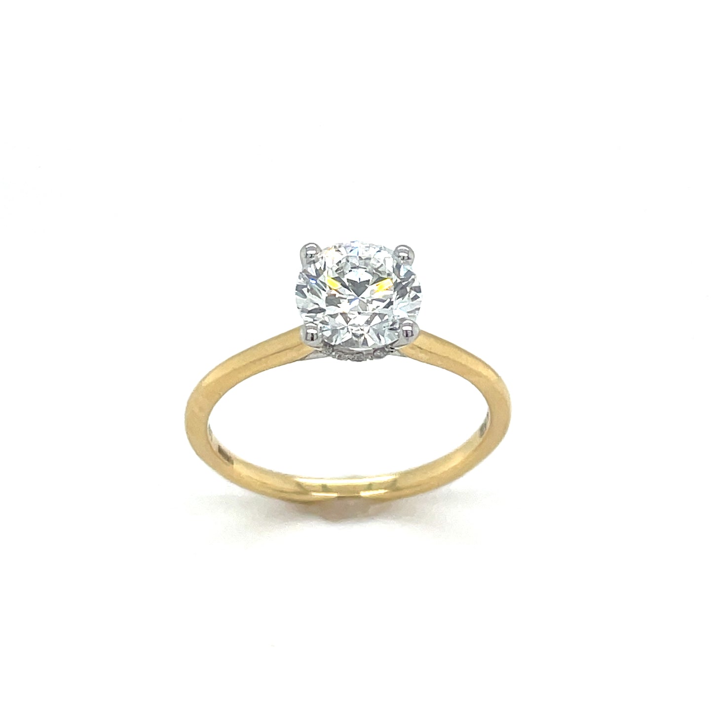 18ct Yellow Gold Round Brilliant Cut Four Claw Cultured Diamond Ring with Hidden Halo 1.64ct