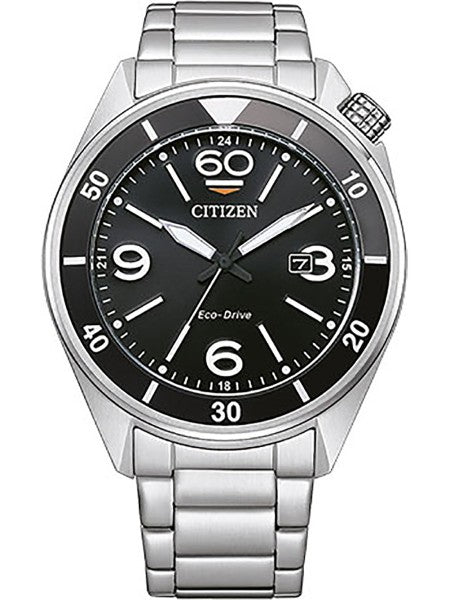 Gents Stainless Steel Citizen Seaplane Eco-Drive Watch With Black Dial