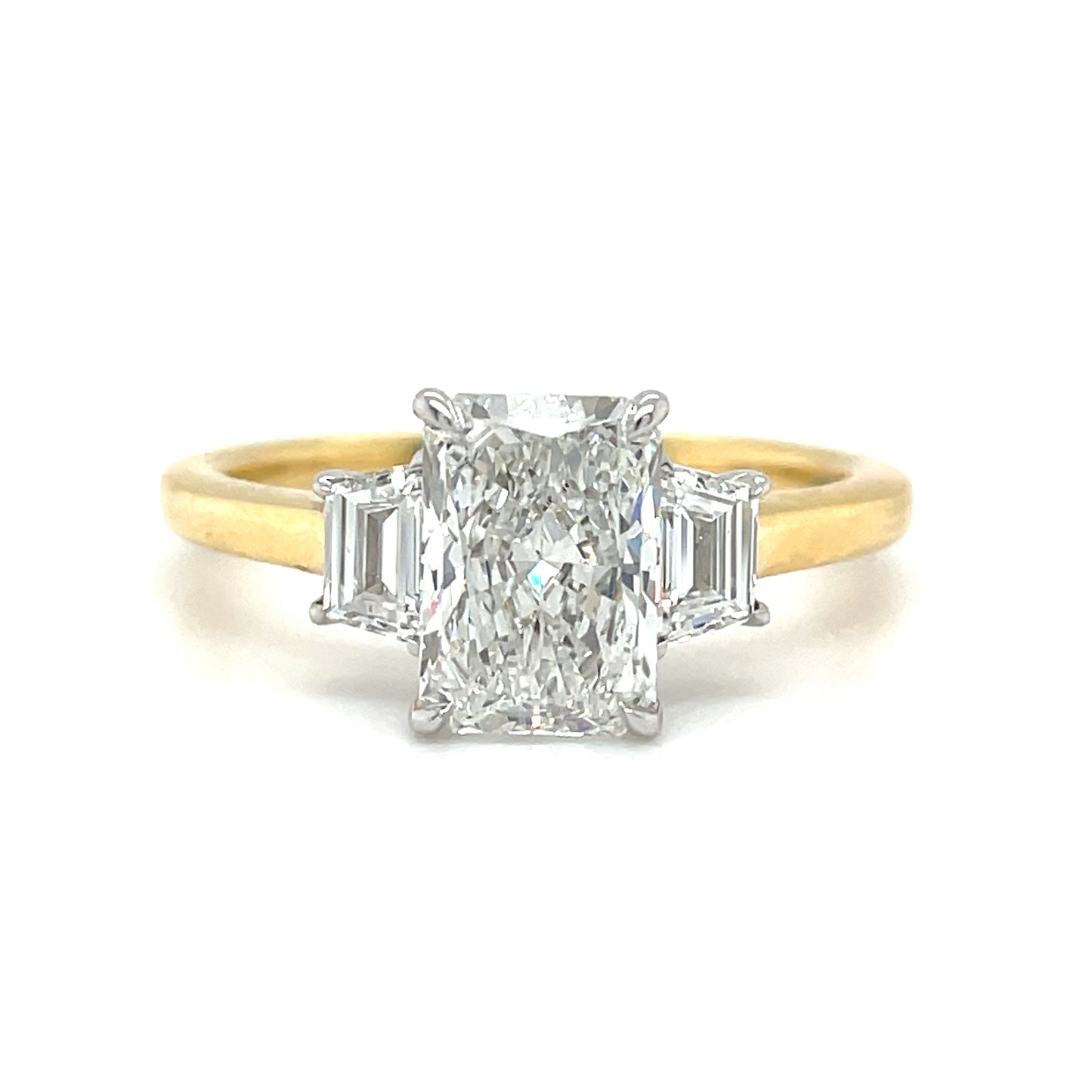 18ct Yellow Gold Radiant Cut Cultured Diamond Ring With Tapered Baguette Cut Shoulders 1.87ct
