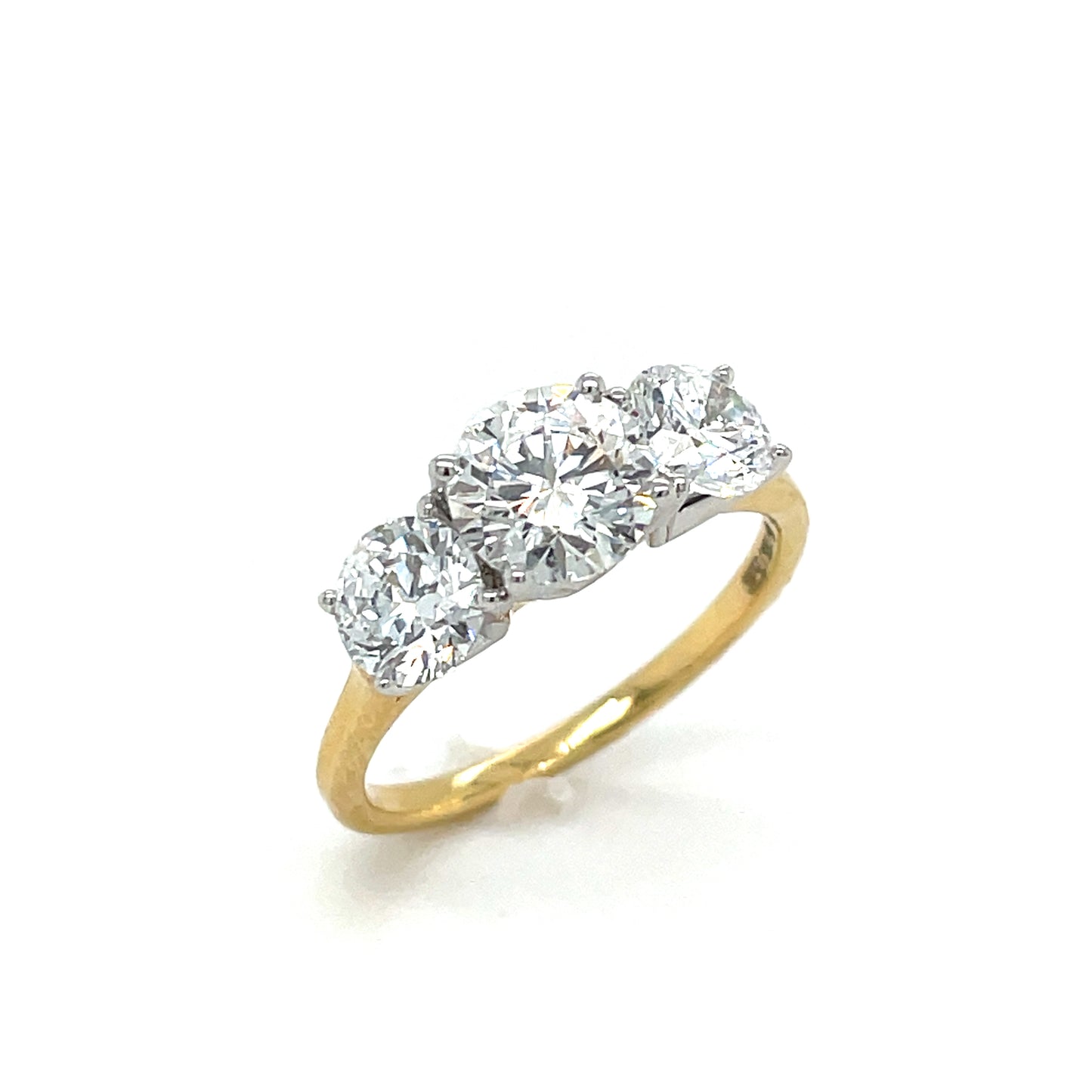18ct Yellow Gold Three Stone Round Brilliant Cultured Diamond Ring 2.09ct
