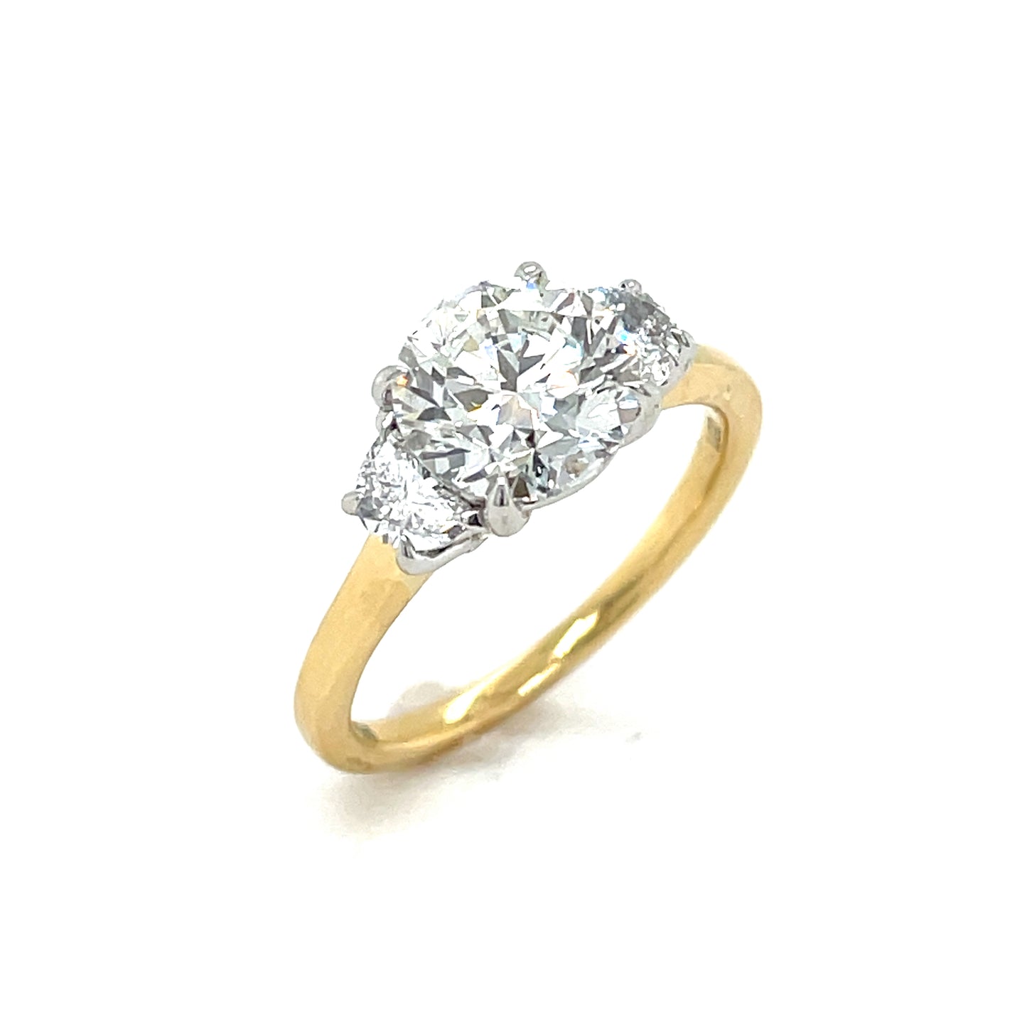 18ct Yellow Gold Round Brilliant and Demilune Cut Three Stone Cultured Diamond Ring 2.35ct