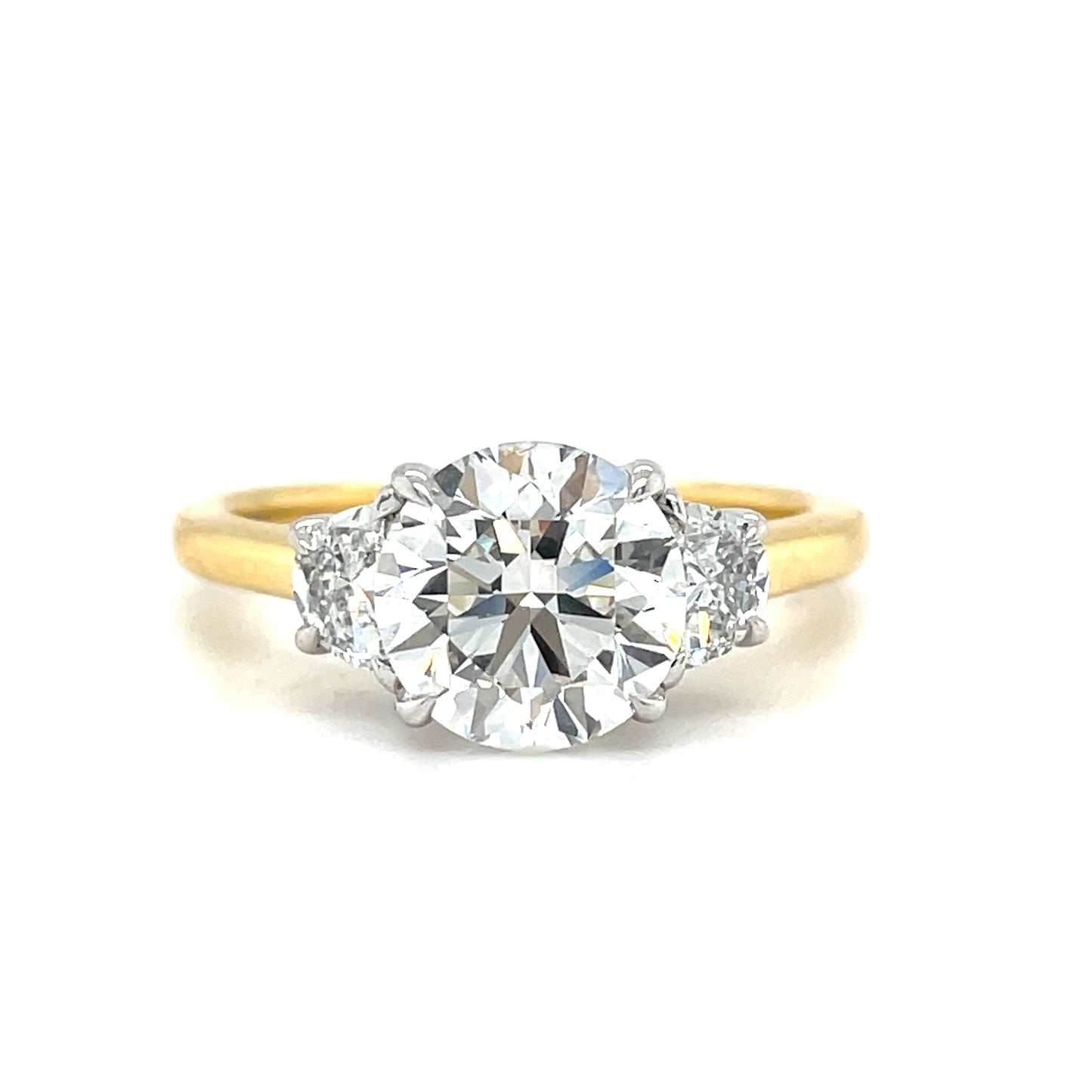 18ct Yellow Gold Round Brilliant and Demilune Cut Three Stone Cultured Diamond Ring 2.35ct