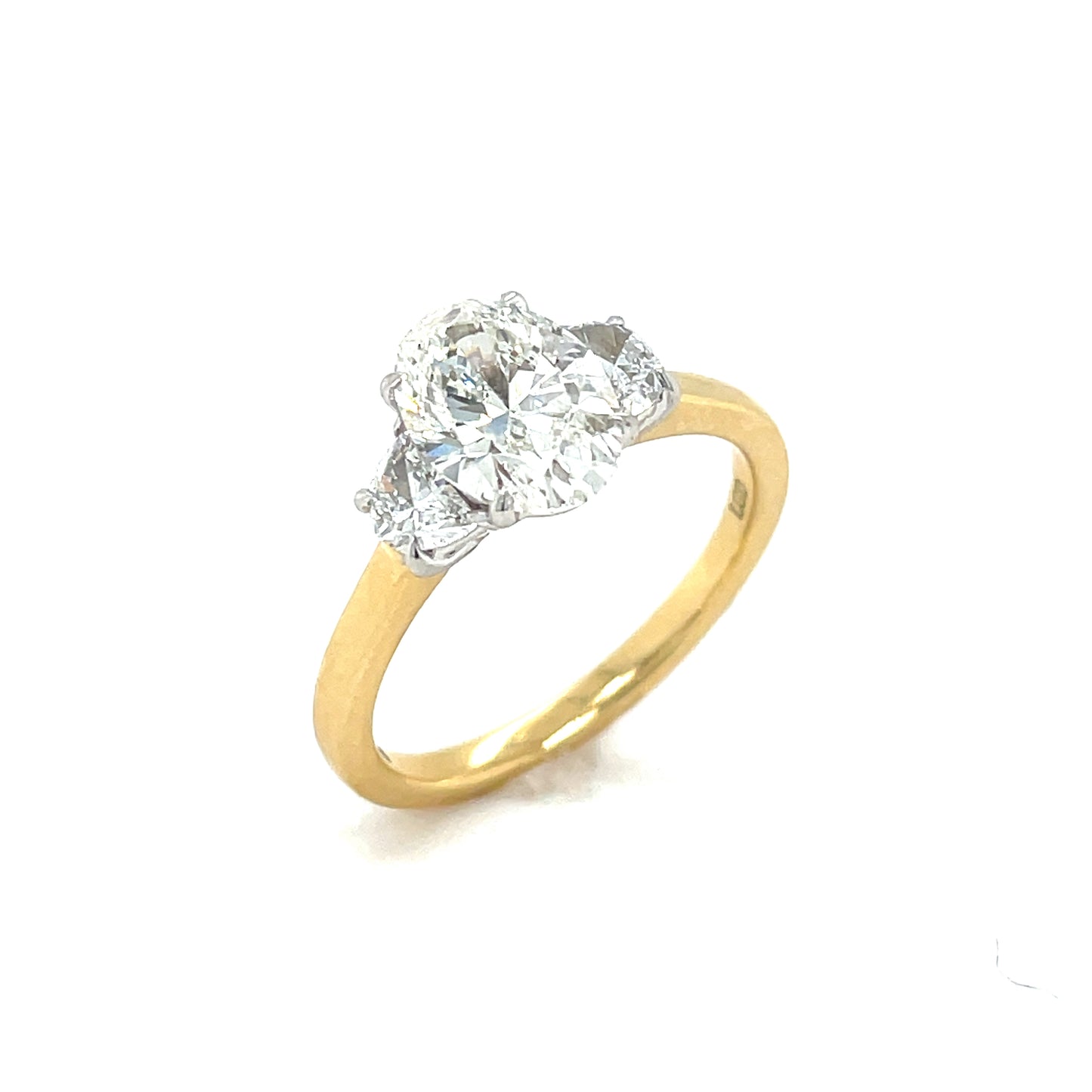 18ct Yellow Gold Oval and Demilune Cut Three Stone Cultured Diamond Ring 2.35ct