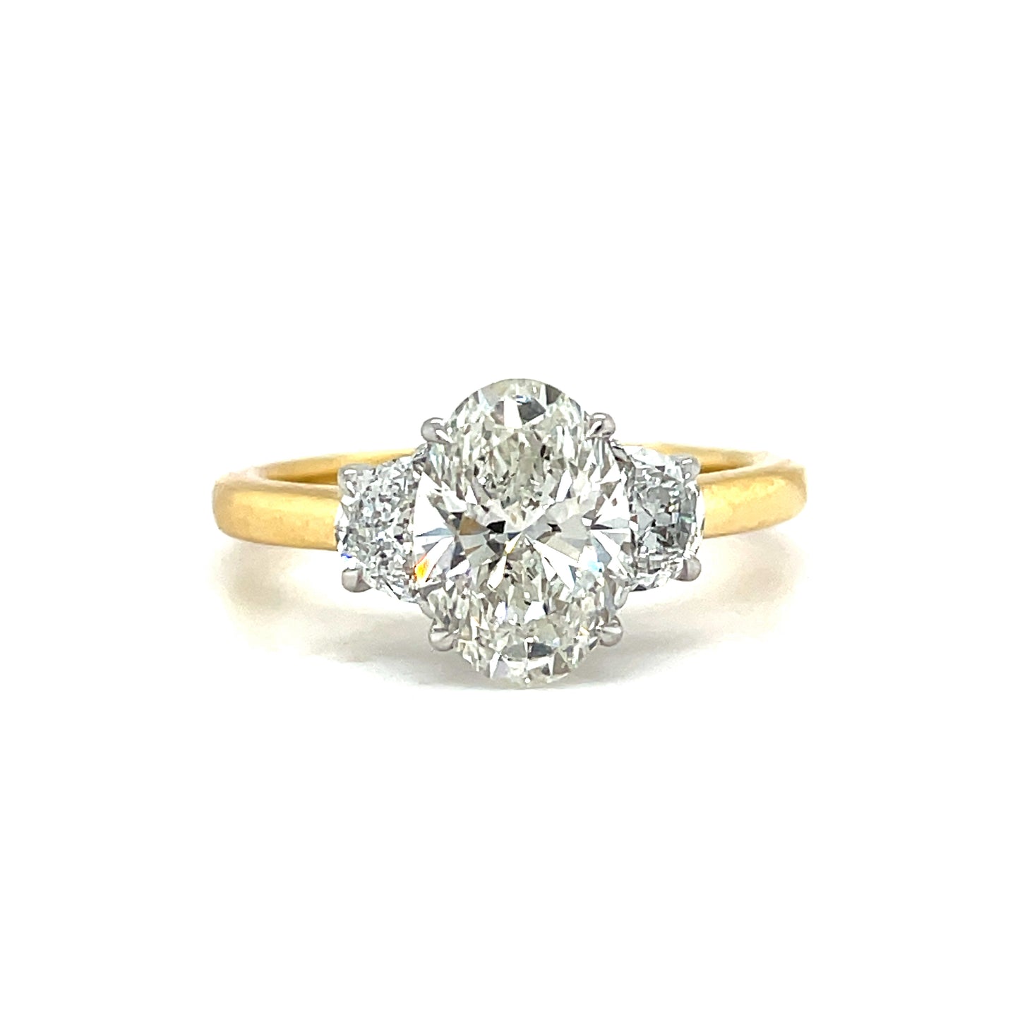 18ct Yellow Gold Oval and Demilune Cut Three Stone Cultured Diamond Ring 2.35ct